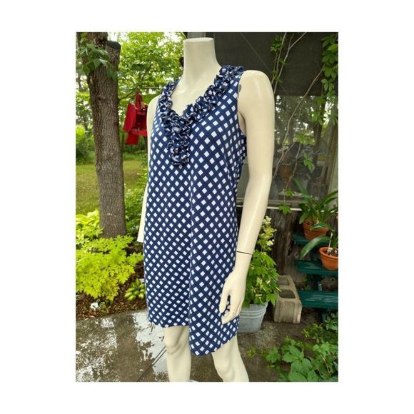 Kate Spade Polkadot Shift Dress Mini Blue White Sleeveless Ruffle Collar - Picture 1 of 12